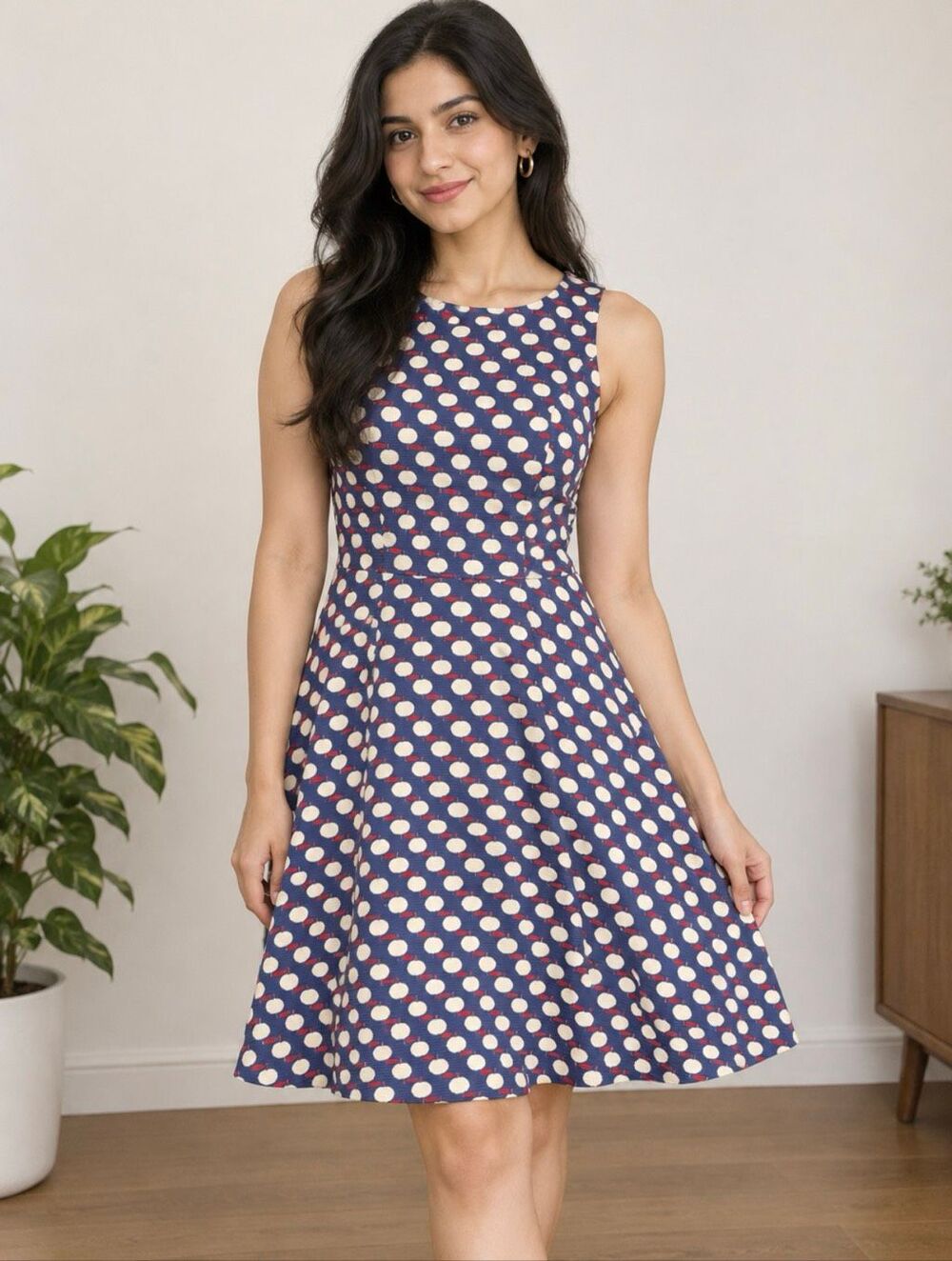 Modcloth Fever London Dress Womens Blue Red White Apple Print Size 2 NWT